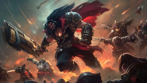 Armored barbarian warlord leaping into explosive battlefield charge