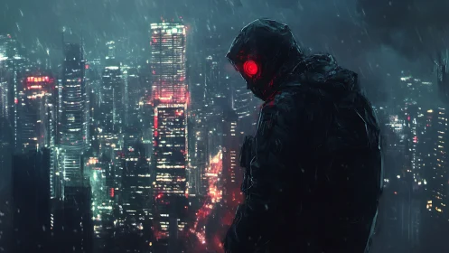 Cybernetic watcher overlays neon-lit skyline under heavy rainfall