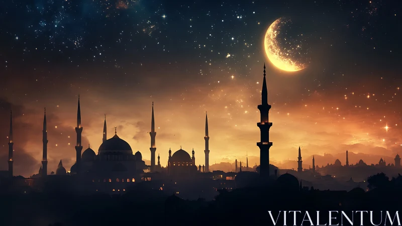 Mosque skyline under crescent moon at glowing twilight.