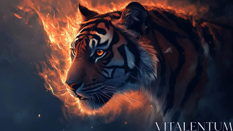 Firelit tiger portrait in glowing ember haze at dusk.