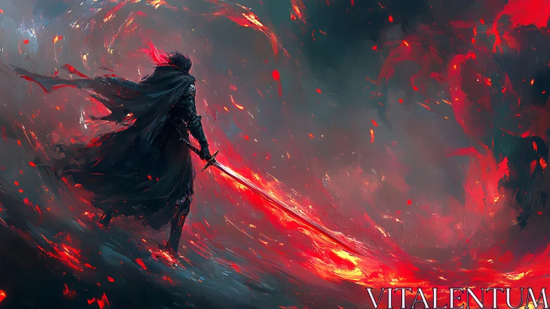 Lone flame-lit warrior standing brave in swirling embers.