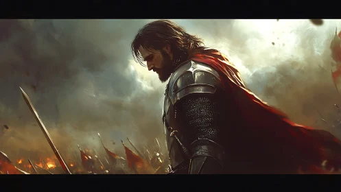 Armored medieval warrior with red cloak on battlefield.