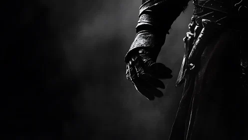 Armored assassin’s gloved hand emerging from shadowed void.