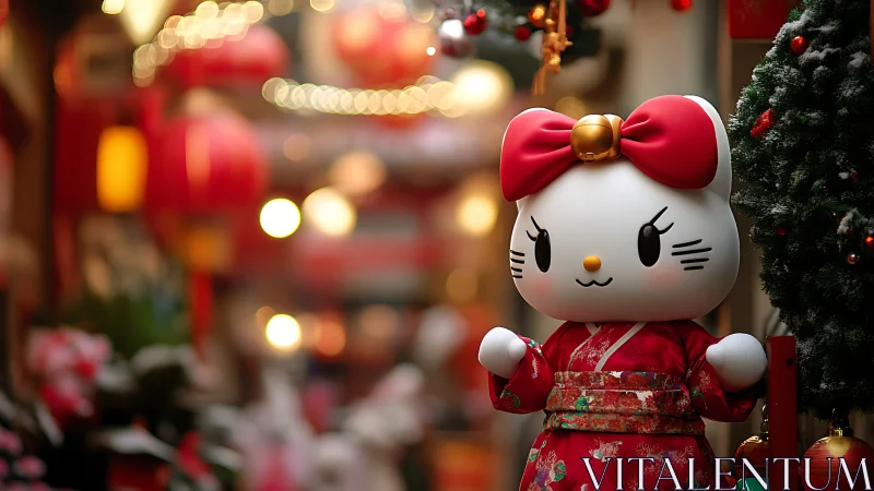 Festive kitty in red kimono brightens a lantern street.