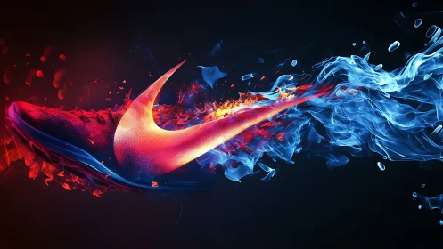 Dynamic running shoe with fiery swoosh and bifurcated flames.