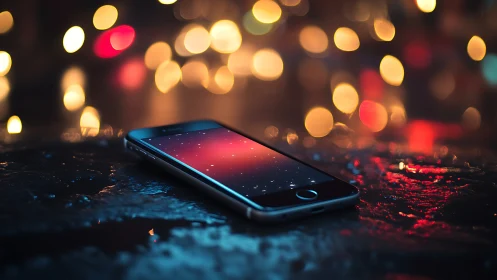 Neon Dreams Glow: Mobile Device Radiates Through Urban Bokeh