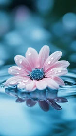 Pink daisy macro floating on blue water with soft bokeh.