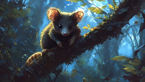 Small rodent on mossy tree branch in dense forest environment.