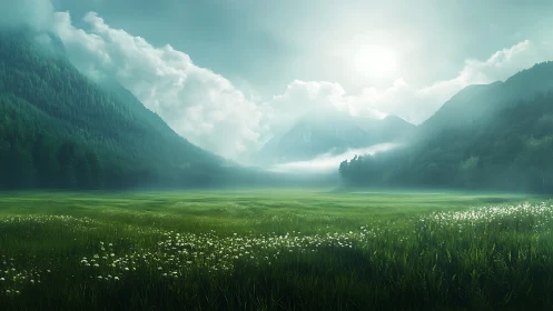 Misty alpine valley meadow under soft backlit sunrise glow.