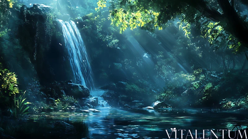 Mystical forest waterfall glows in shafts of soft sunlight.
