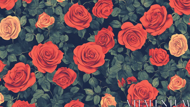 Red Roses Garden. Vibrant Blooms Against Dark Foliage.