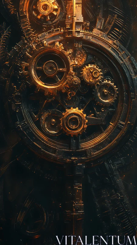 Cyberpunk brass clockwork core with glowing gears in shadow.