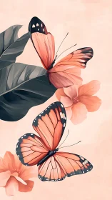 Coral butterflies drift among soft florals on pastel skies.