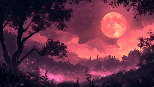 Crimson moonrise ignites enchanted twilight forest sky.