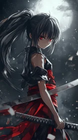 Female swordsman stands under moonlit sky holding katana