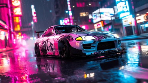 Neon street racer gliding through rainy city lights at night.