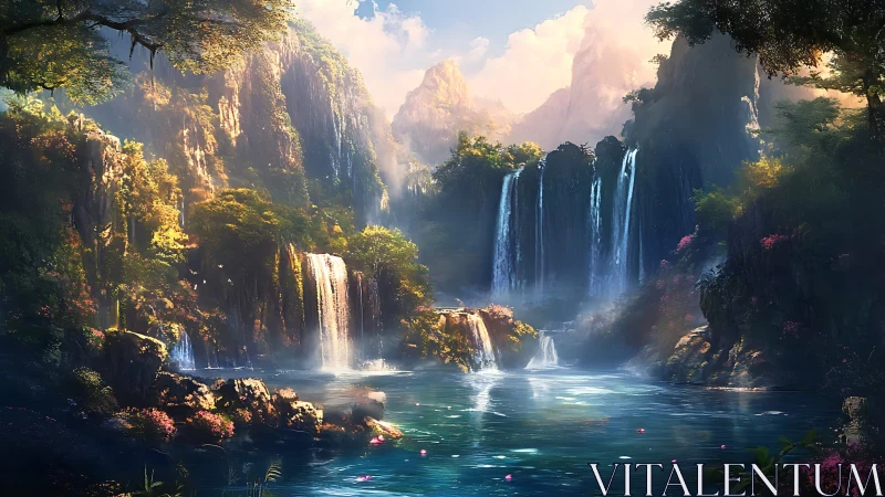 Sunlit waterfalls cascade into a tranquil emerald fantasy lake