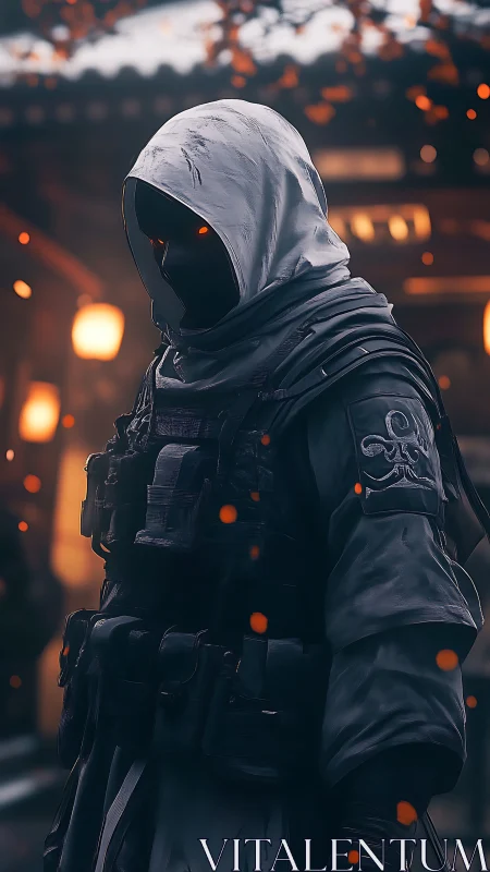 Hooded tactical figure stands in ember lit outdoor scene