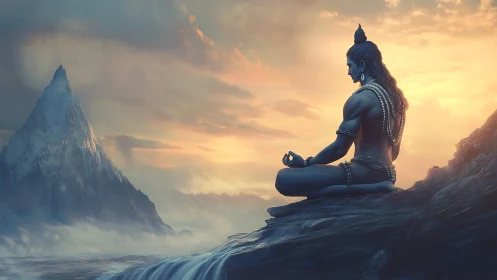 Meditating deity silhouette over misted Himalayan peak.