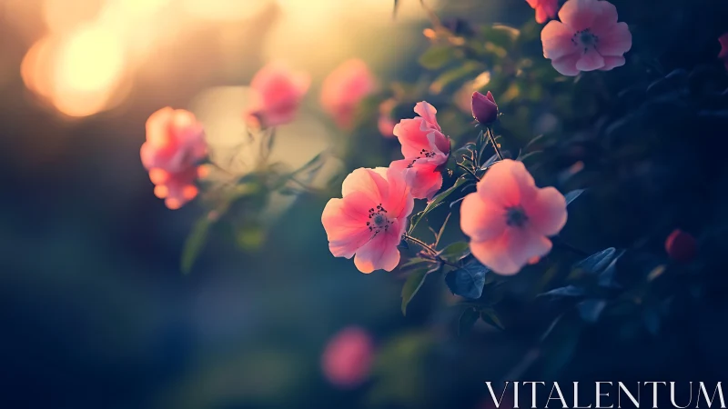Pink roses glow softly in the golden sunset light