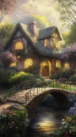 Golden hour cottage landscape renders luminous romantic garden