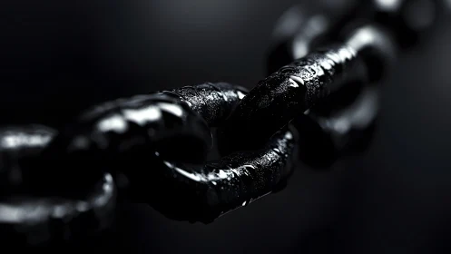 Close-Up of Wet Black Metal Chain in Dramatic Lighting.