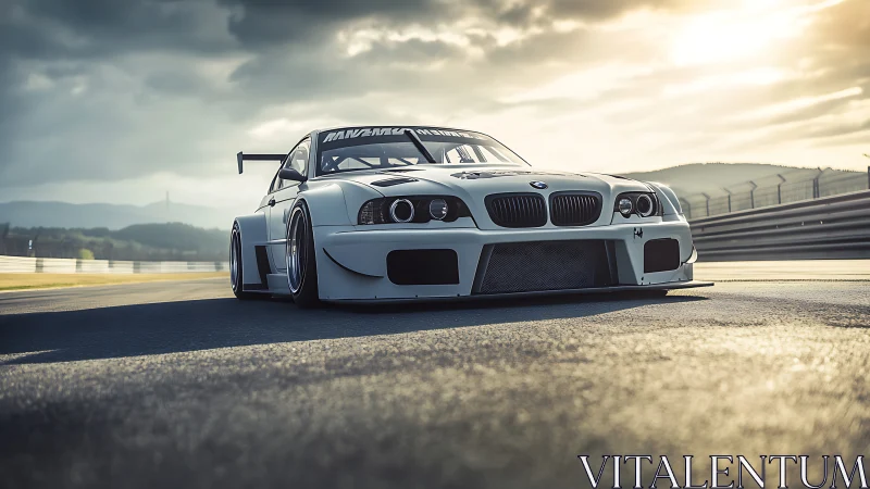 Track-born white racer prowling under molten sunset sky.