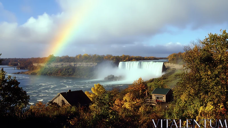 Rainbow drapes Niagara’s autumn cliffs in luminous mist