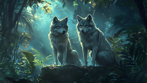 Pair of canine subjects positioned in forest environment with overhead illumination.