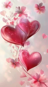Glossy heart forms with floral composition in pink gradient palette.