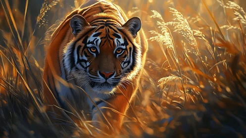 Tiger stalks through golden grass under low backlight.