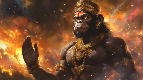 Divine simian guardian rises in firelit celestial storm.
