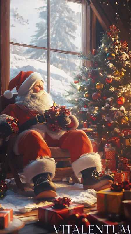 Santa rests by glowing tree in cozy Christmas cabin.