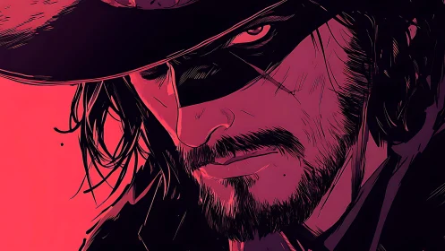 Masked outlaw close-up in bold pink comic style.