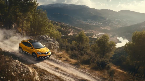 Photorealistic SUV ascent on dusty mountain switchback trail.