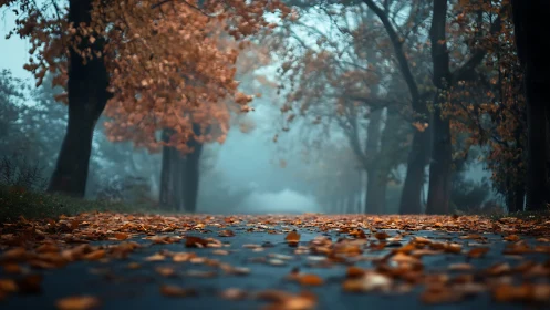 Golden autumn leaves carpet a misty tree-lined pathway