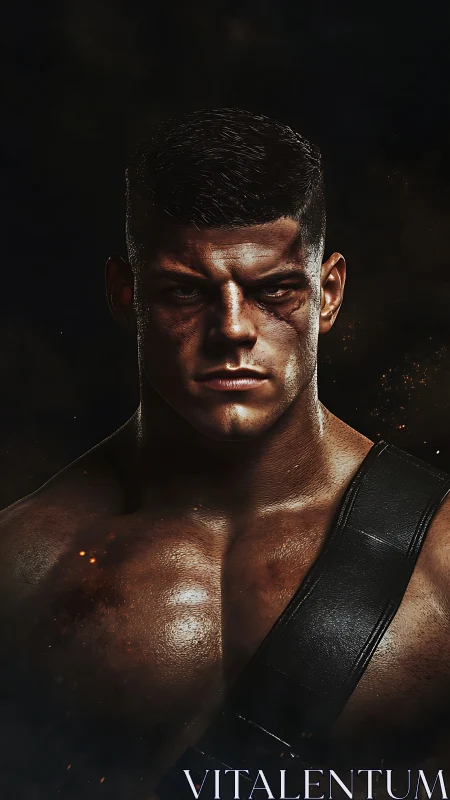 Battle-scarred digital warrior portrait, cinematic hard lighting.