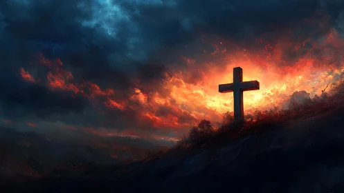 Fiery dusk halo crowns a lone hilltop cross in stormlight.