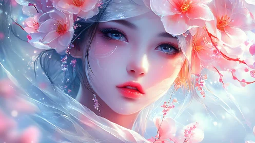 Digital portrait depicts stylized woman framed by floral elements