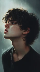 Rain-soaked youth in profile under soft cinematic light.