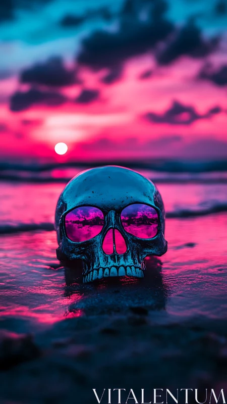 Chrome skull reflects neon sunset over electric shoreline.