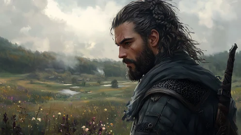 Stoic warrior profile in misty valley landscape setting.