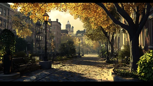 Golden city street glows under autumn trees at sunrise.
