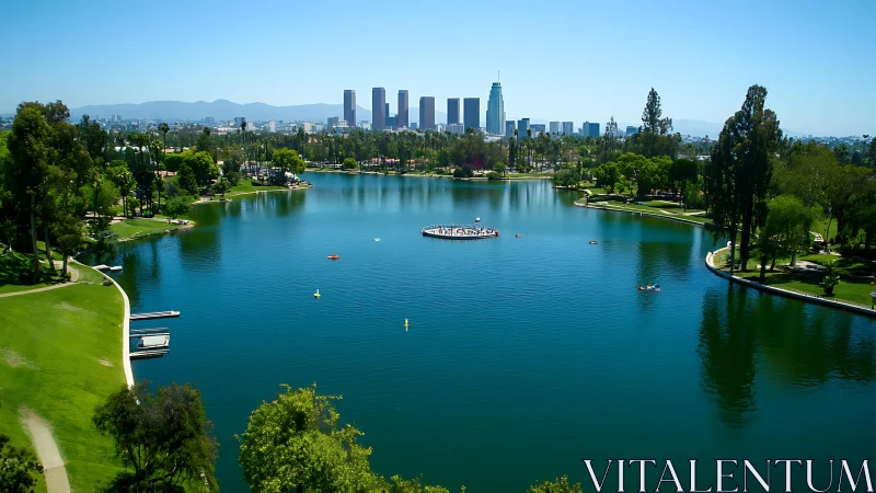 City lake reflects skyline under clear midday blue sky
