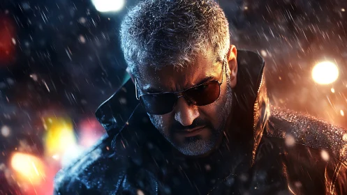 Stoic man in rain with sunglasses and leather coat.