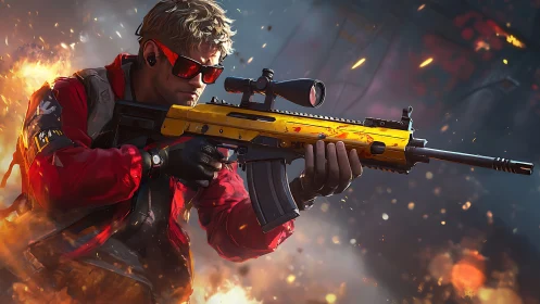 Cyber shooter aims custom yellow rifle amid firestorm.