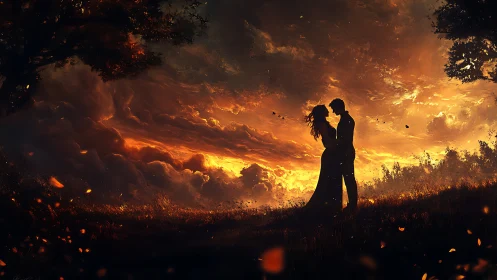 Silhouetted Couple Embracing Against Apocalyptic Inferno.