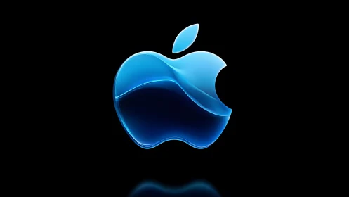Glossy Blue Apple Logo on Black Background in Digital Art Style.