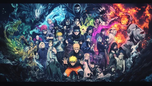 Naruto characters assemble in dynamic elemental battle tableau