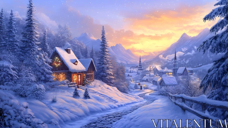 Snowy mountain village glows warmly beneath a golden sunset